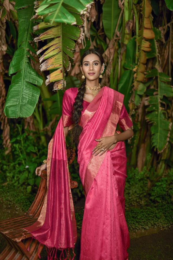 Fiery Pink Handloom Raw Silk Saree