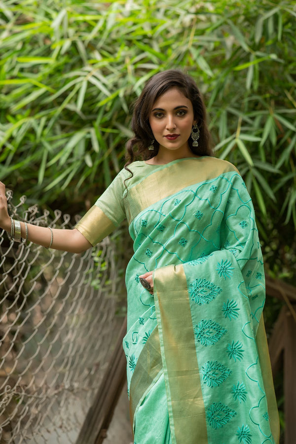 Sea Green Assam Silk Embroidered Cut Work Saree