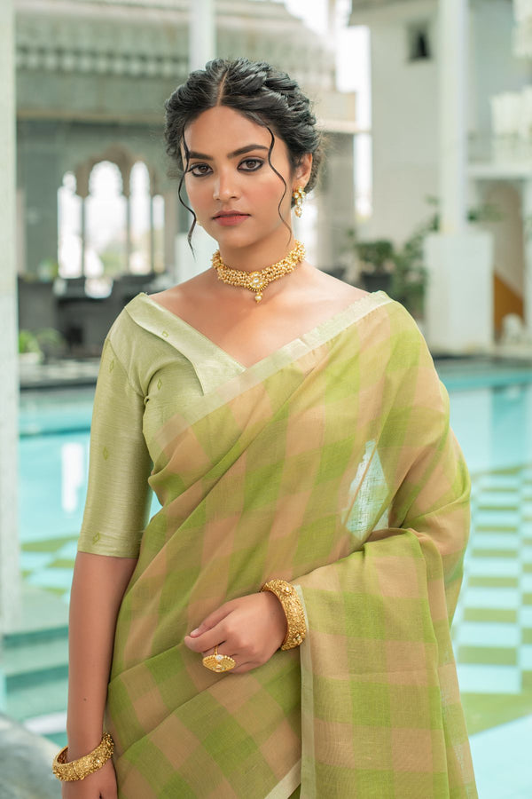 Olive Green Pure Linen Saree