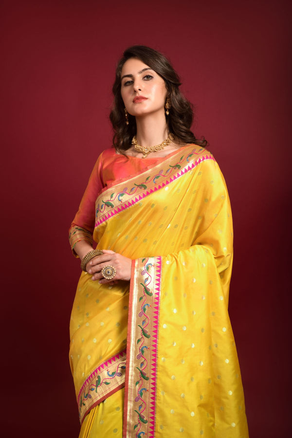 Macaroon Yellow Paithani Silk Saree