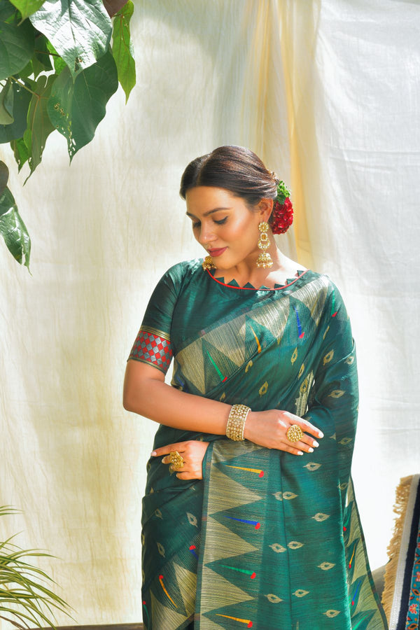 Dark Green Tussar Silk Paithani Saree