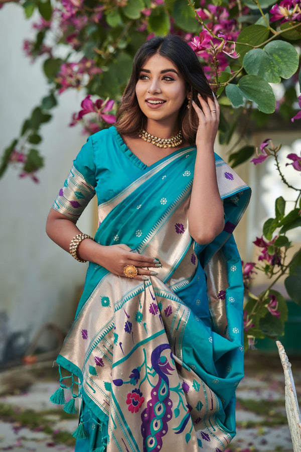 Teal Blue Banarasi Silk Paithani Saree
