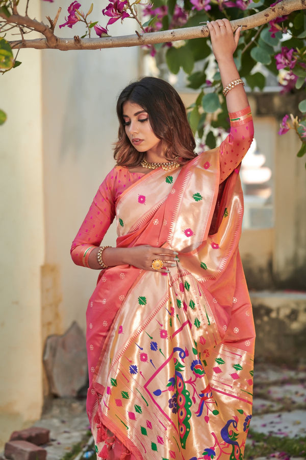 Dark Peach Banarasi Silk Paithani Saree