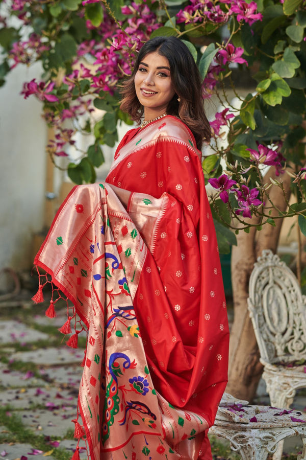 Rose Red Banarasi Silk Paithani Saree