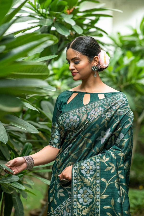 Brunswick Green Tussar Silk Saree