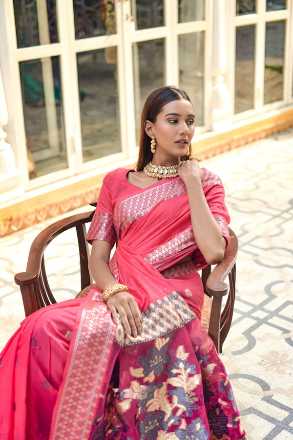 Rani Pink Cotton Silk Saree With Organza Pallu