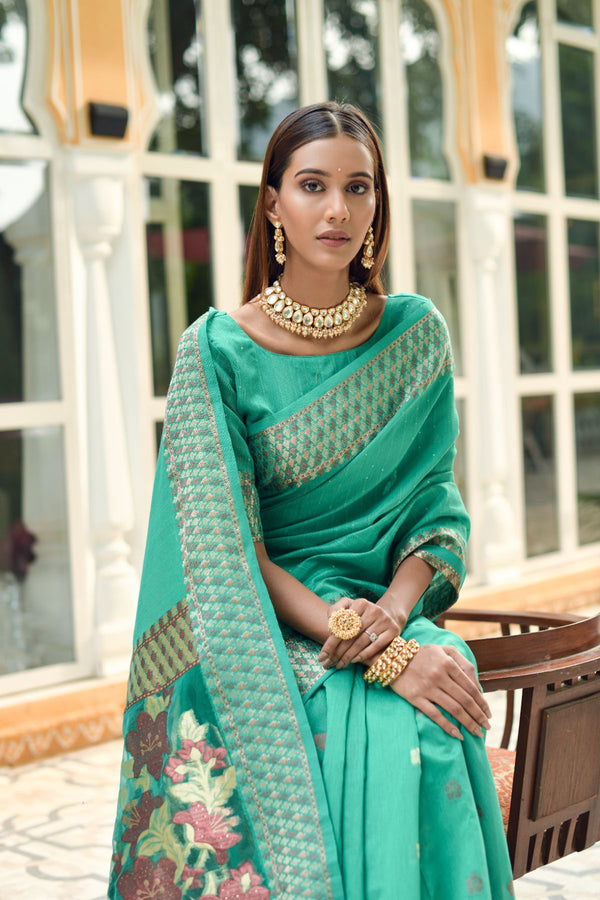 Sea Green Cotton Silk Saree With Organza Pallu