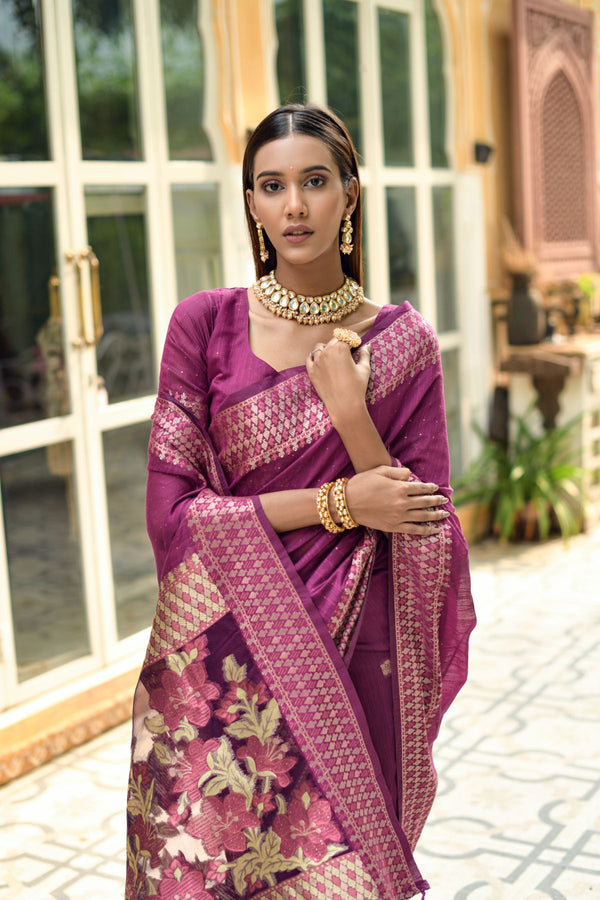 Jam Wine Cotton Silk Saree With Organza Pallu