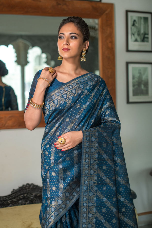 Lapis Blue Tussar Silk Saree