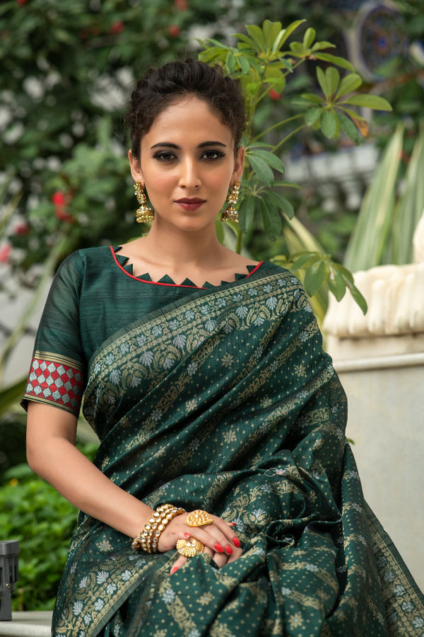 Royal Green Tussar Silk Saree