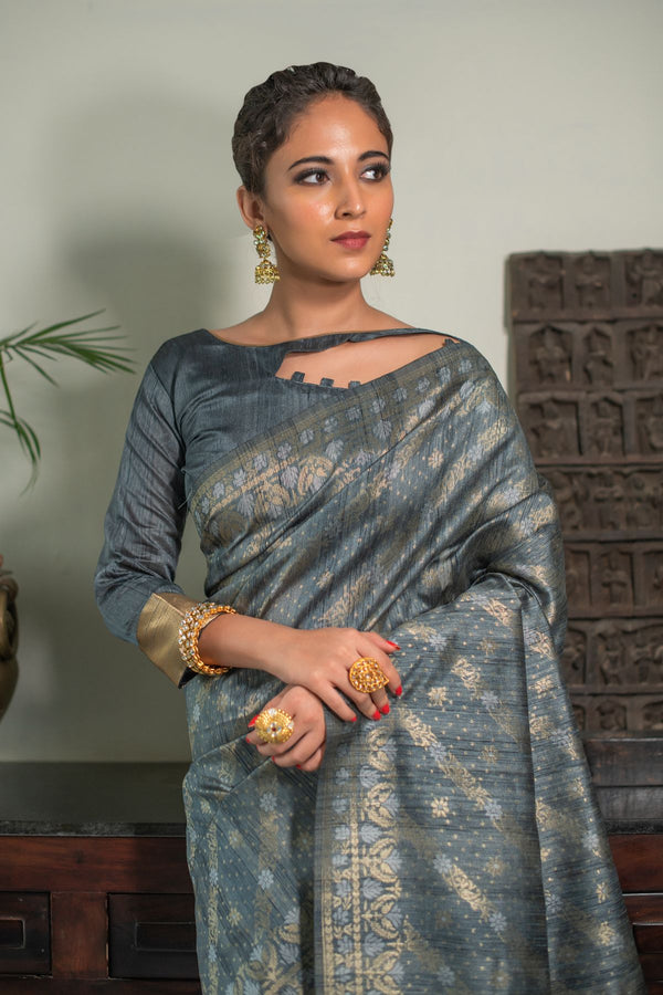 Iron Grey Tussar Silk Saree