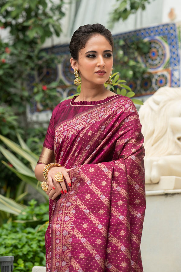 Cerise Pink Tussar Silk Saree