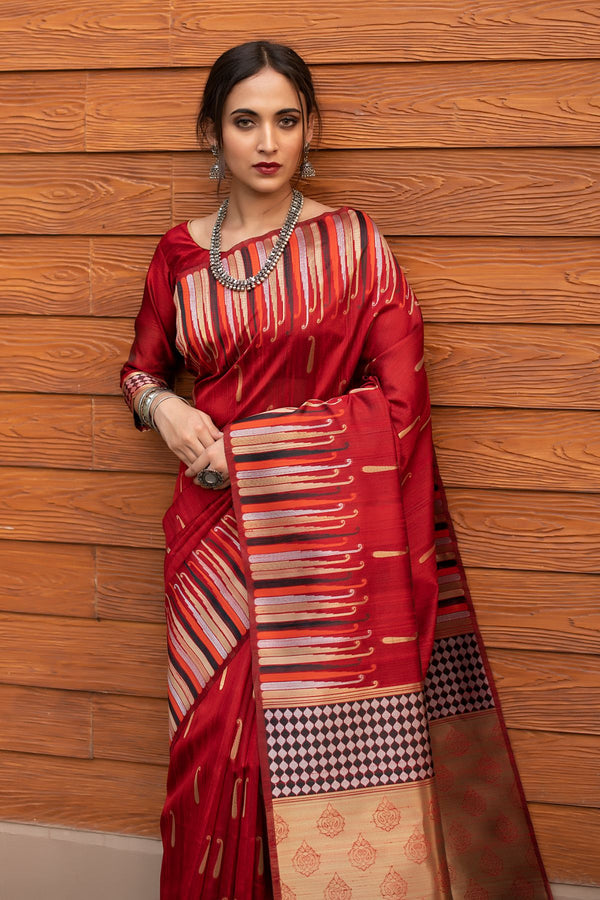 Garnet Red Tussar Silk Saree