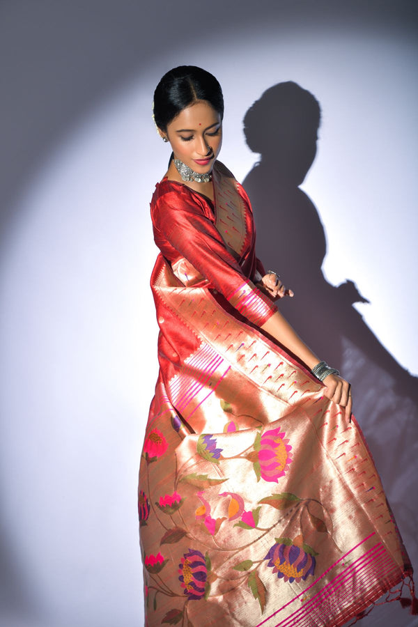 Rufous Red Tussar Silk Paithani Saree